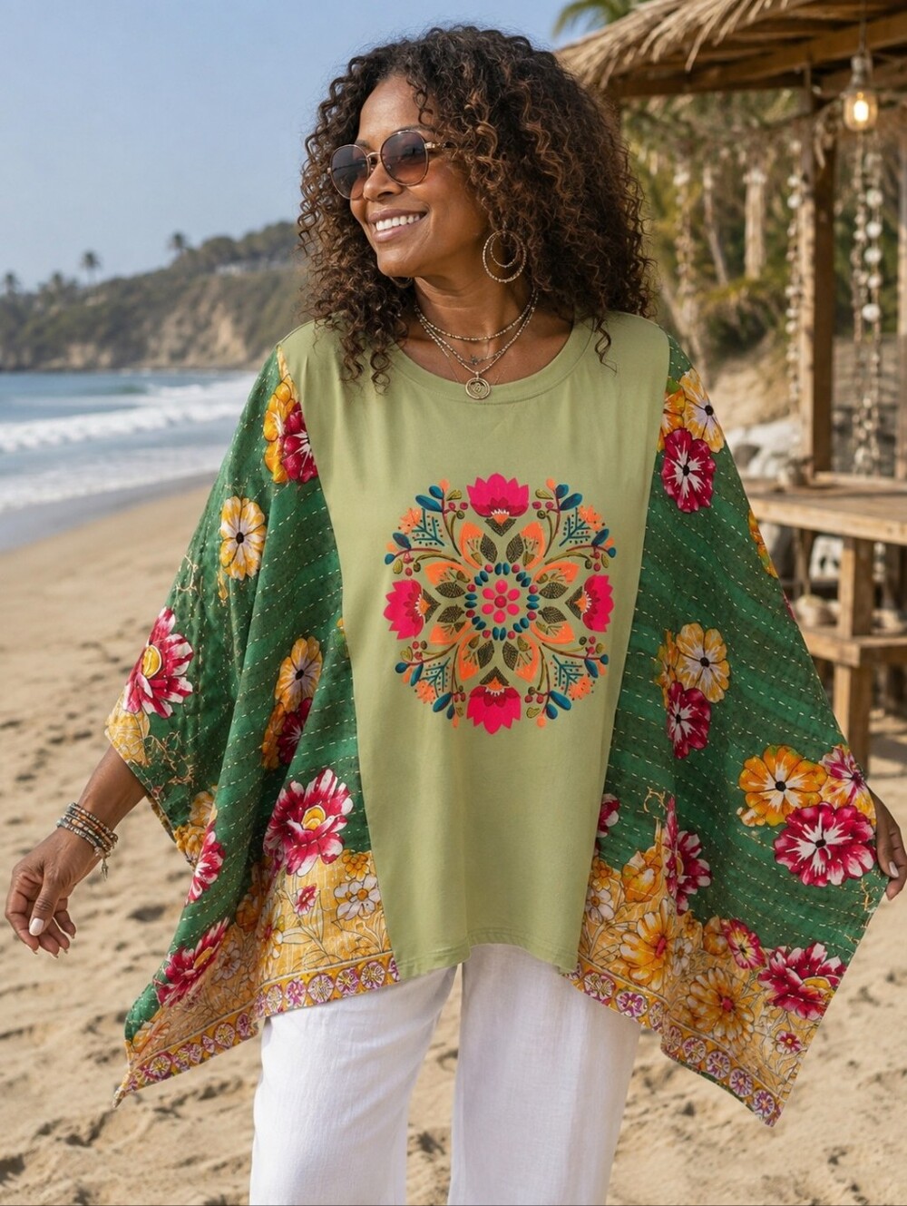Green Floral Boho Kantha Sleeves with Mandala Tee